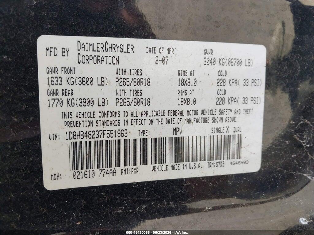 1D8HB48237F551963 2007 DODGE DURANGO photo no. 9