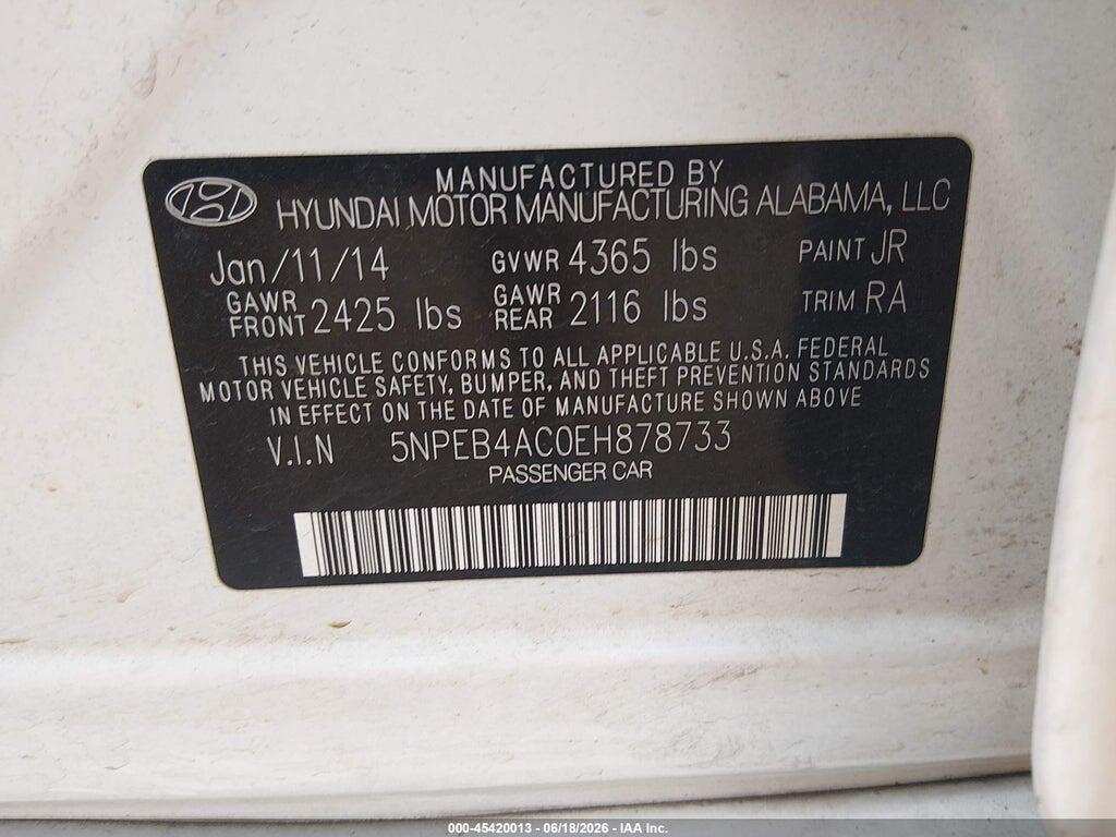 5NPEB4AC0EH878733 2014 HYUNDAI SONATA photo no. 9