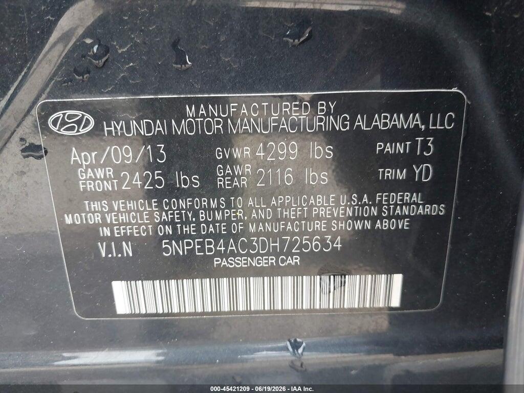5NPEB4AC3DH725634 2013 HYUNDAI SONATA photo no. 9