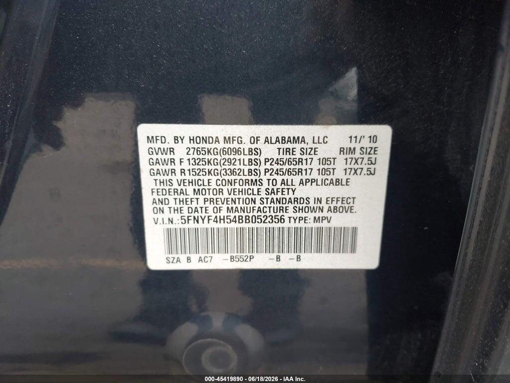 5FNYF4H54BB052356 2011 HONDA PILOT photo no. 9