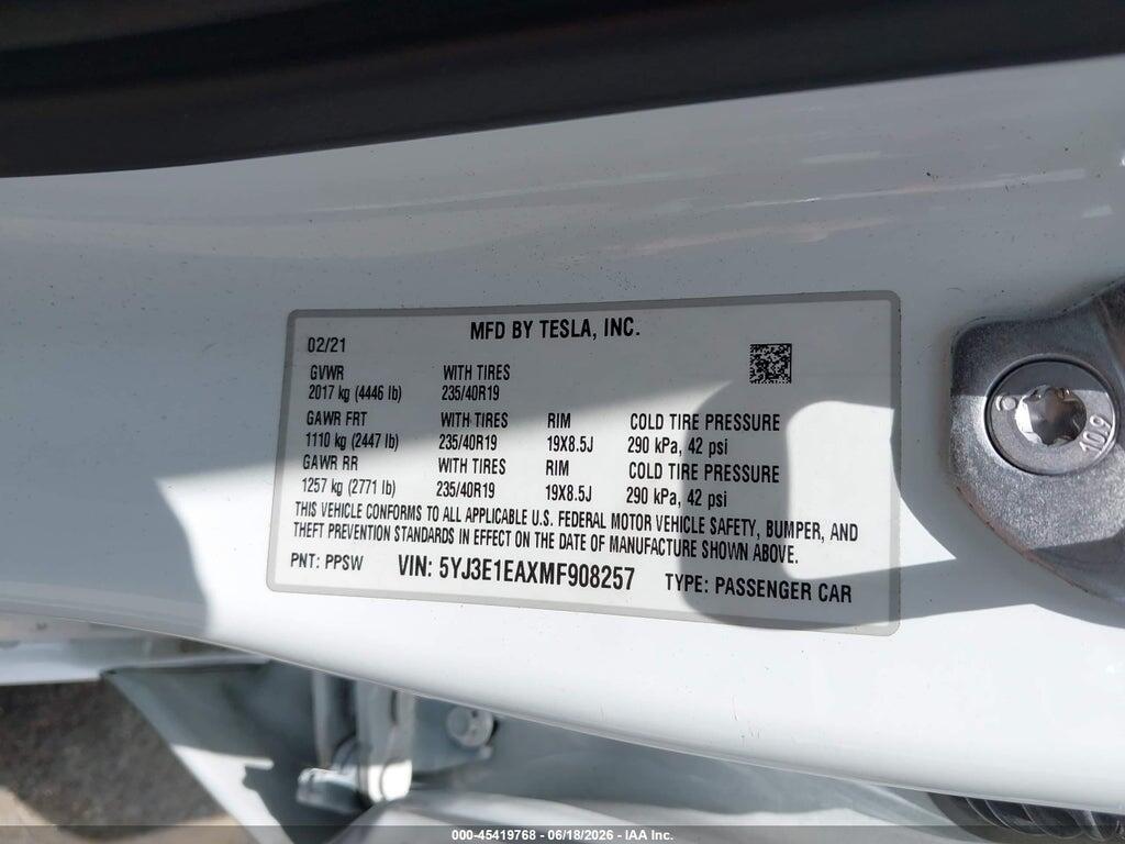 5YJ3E1EAXMF908257 2021 TESLA MODEL 3 photo no. 9