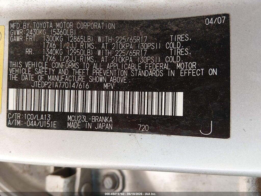 JTEDP21A770147616 2007 TOYOTA HIGHLANDER photo no. 9