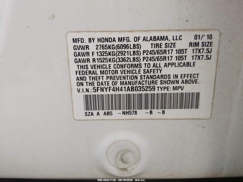 5FNYF4H41AB035259 2010 HONDA PILOT photo no. 9