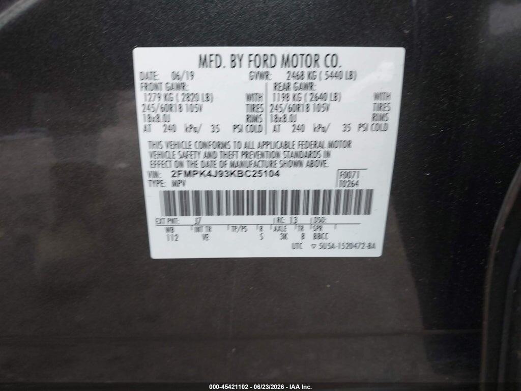 2FMPK4J93KBC25104 2019 FORD EDGE photo no. 9