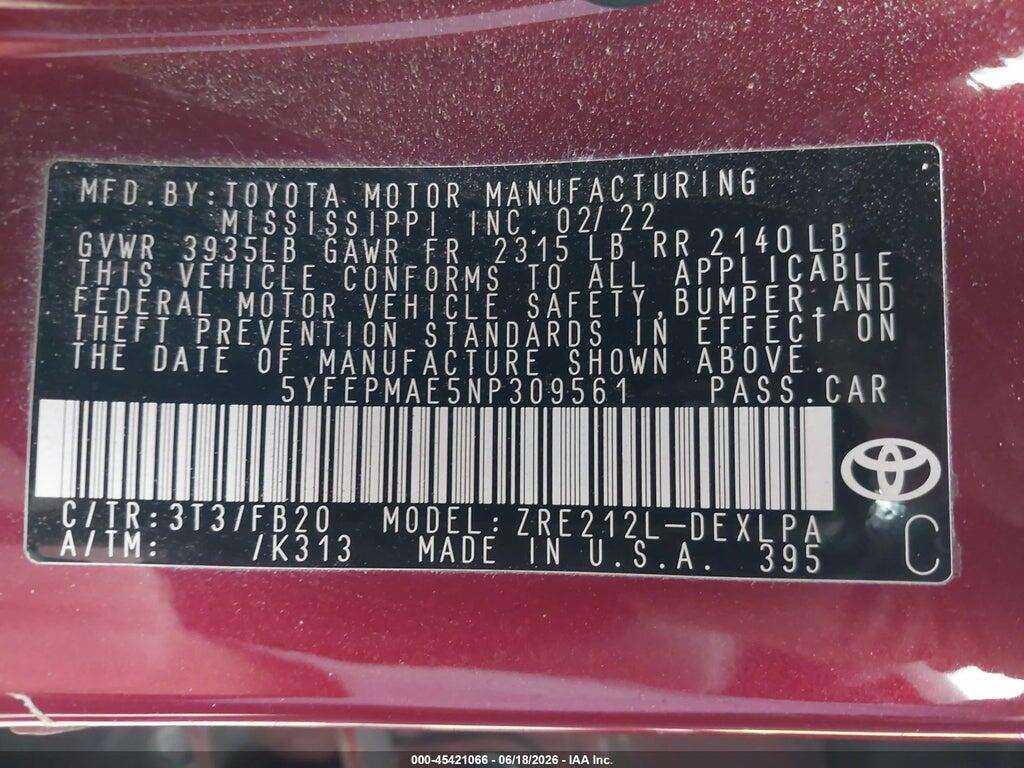 5YFEPMAE5NP309561 2022 TOYOTA COROLLA photo no. 9