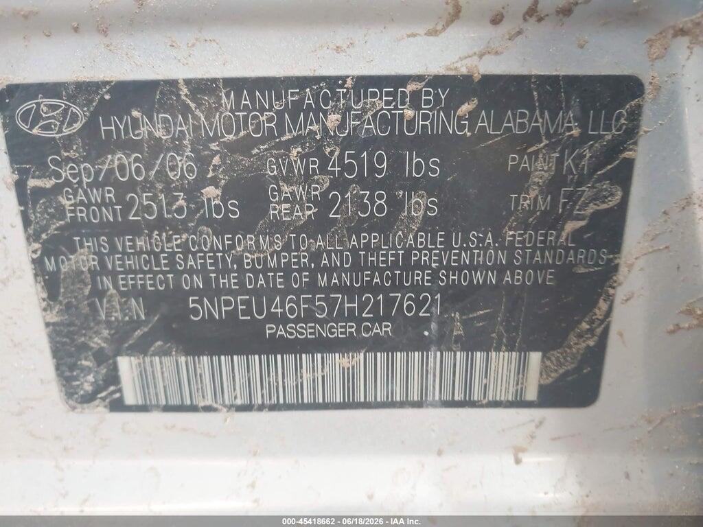 5NPEU46F57H217621 2007 HYUNDAI SONATA photo no. 9