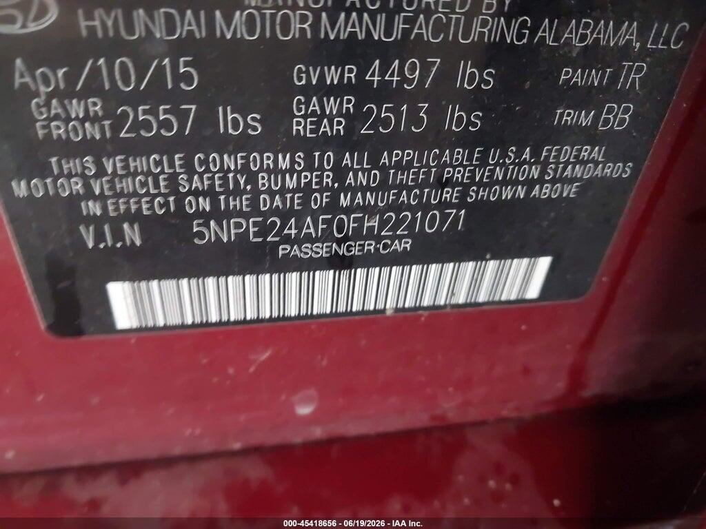 5NPE24AF0FH221071 2015 HYUNDAI SONATA photo no. 9