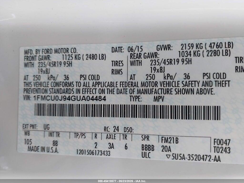 1FMCU0J94GUA04484 2016 FORD ESCAPE photo no. 9