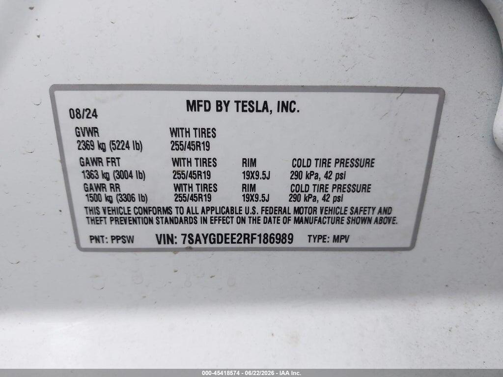7SAYGDEE2RF186989 2024 TESLA MODEL Y photo no. 9