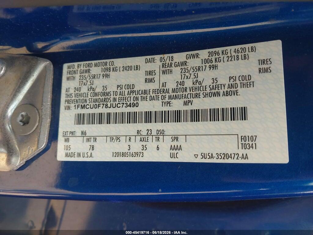 1FMCU0F78JUC73490 2018 FORD ESCAPE photo no. 9