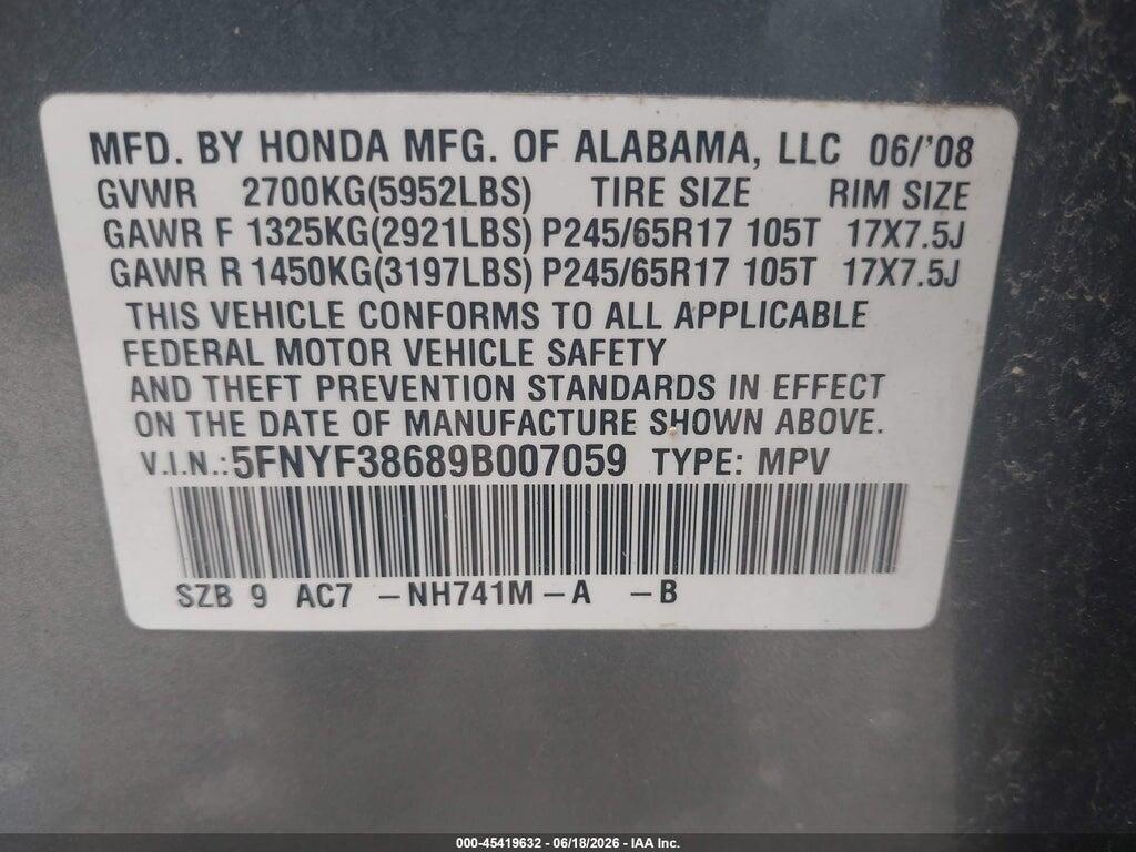 5FNYF38689B007059 2009 HONDA PILOT photo no. 9