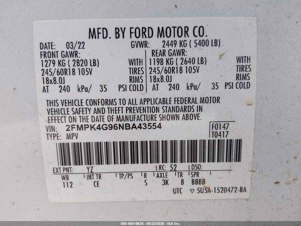 2FMPK4G96NBA43554 2022 FORD EDGE photo no. 9