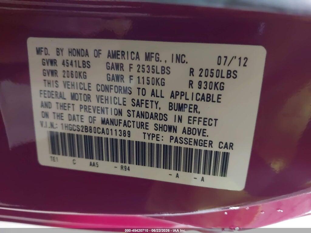 1HGCS2B80CA011389 2012 HONDA ACCORD photo no. 9
