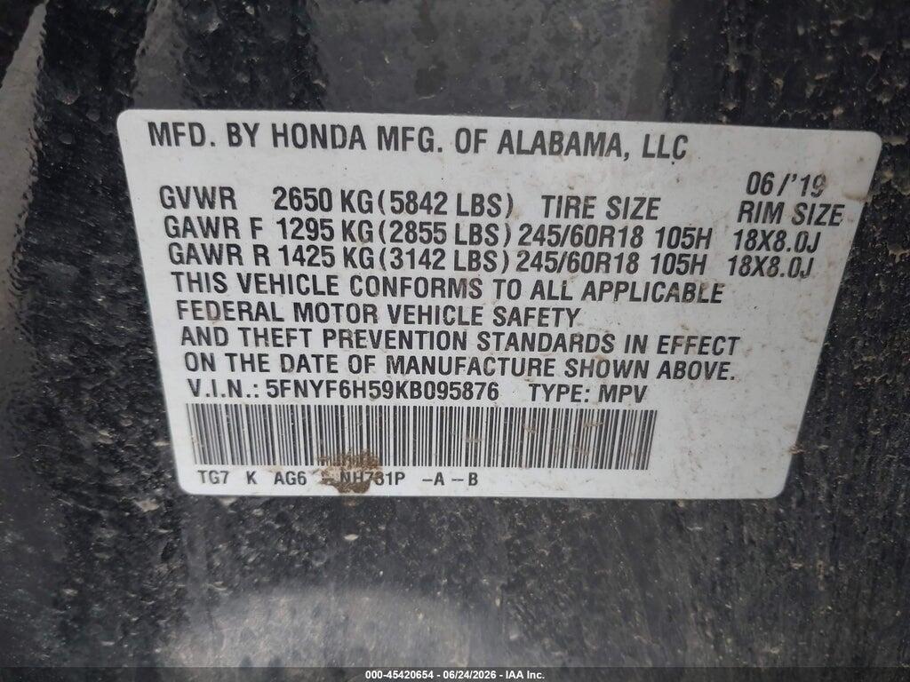 5FNYF6H59KB095876 2019 HONDA PILOT photo no. 9