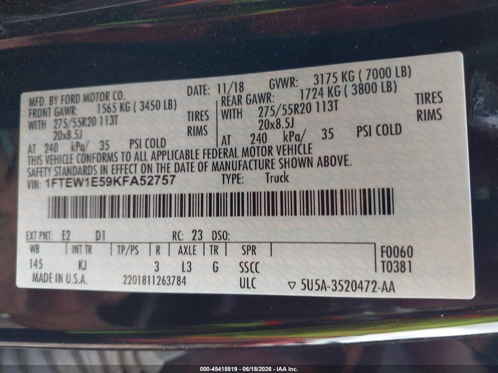 1FTEW1E59KFA52757 2019 FORD F-150 photo no. 9