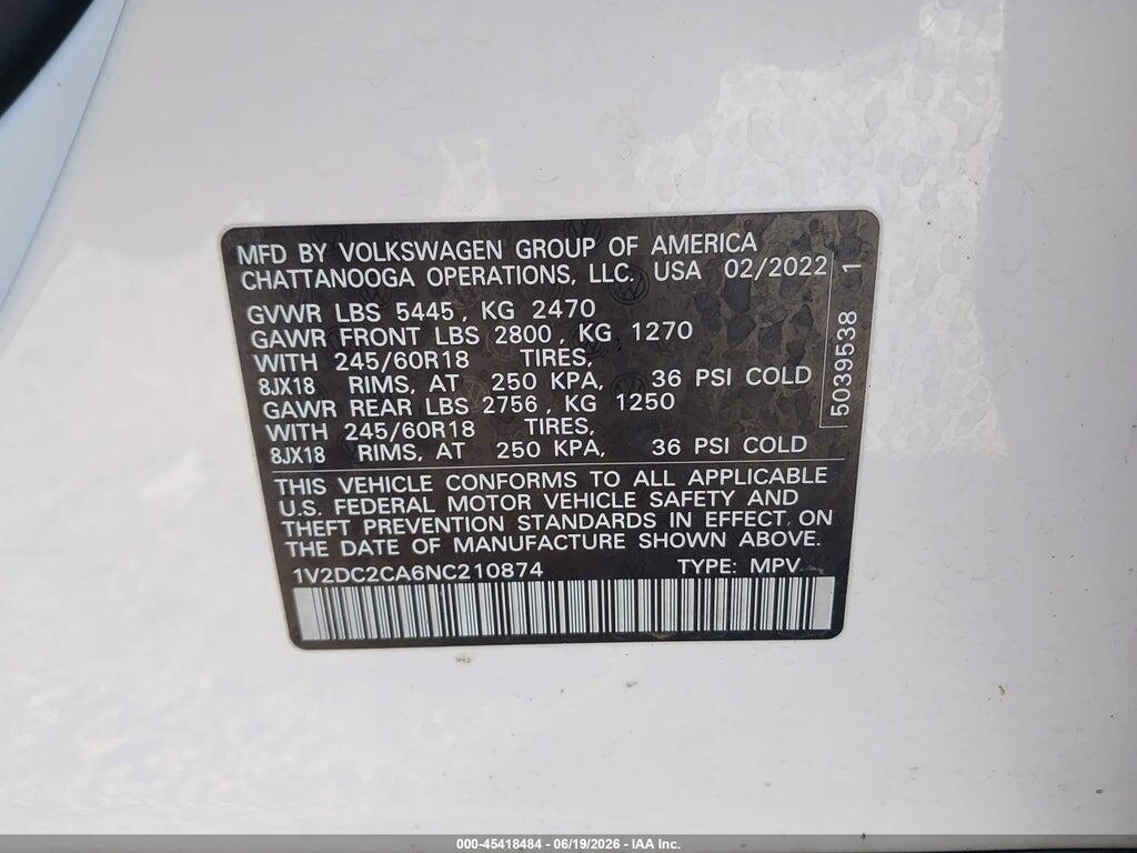 1V2DC2CA6NC210874 2022 VOLKSWAGEN ATLAS CROSS SPORT photo no. 9