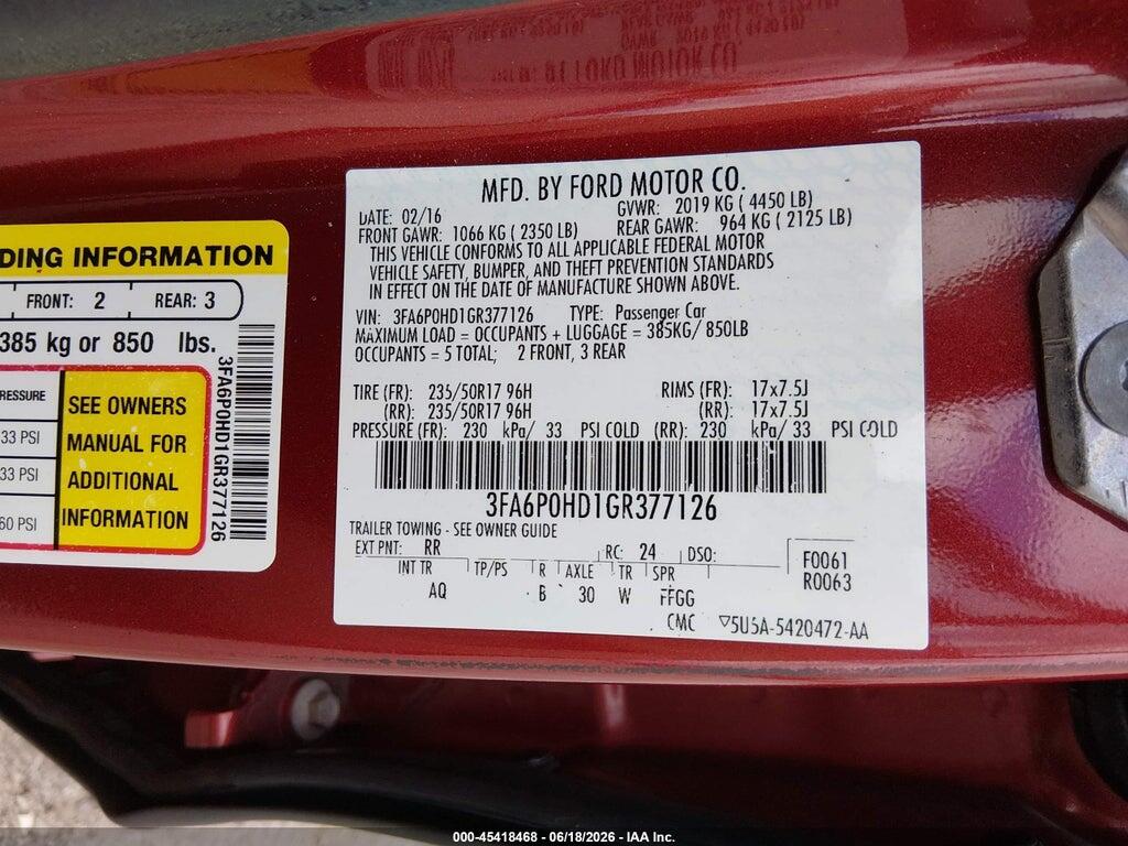 3FA6P0HD1GR377126 2016 FORD FUSION photo no. 9