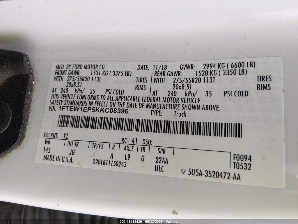 1FTEW1EP5KKC08396 2019 FORD F-150 photo no. 9