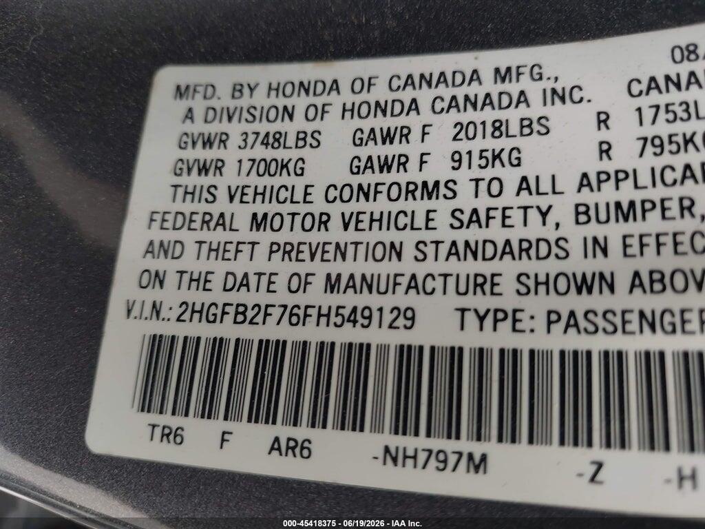 2HGFB2F76FH549129 2015 HONDA CIVIC photo no. 9