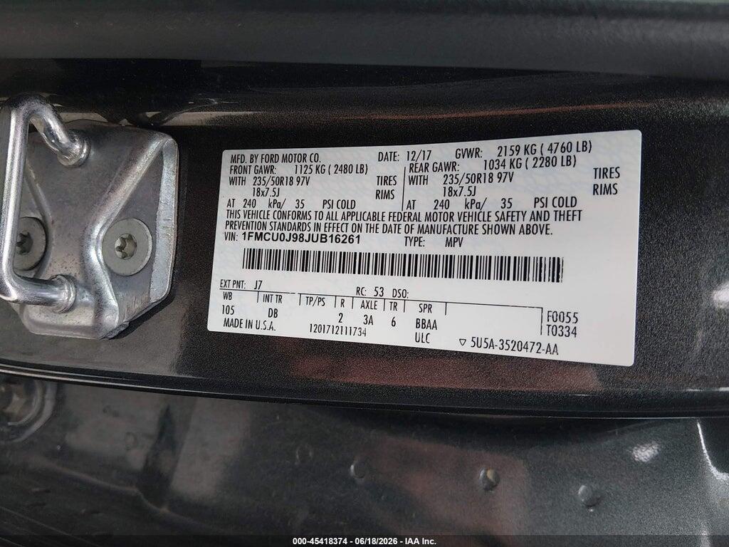1FMCU0J98JUB16261 2018 FORD ESCAPE photo no. 9
