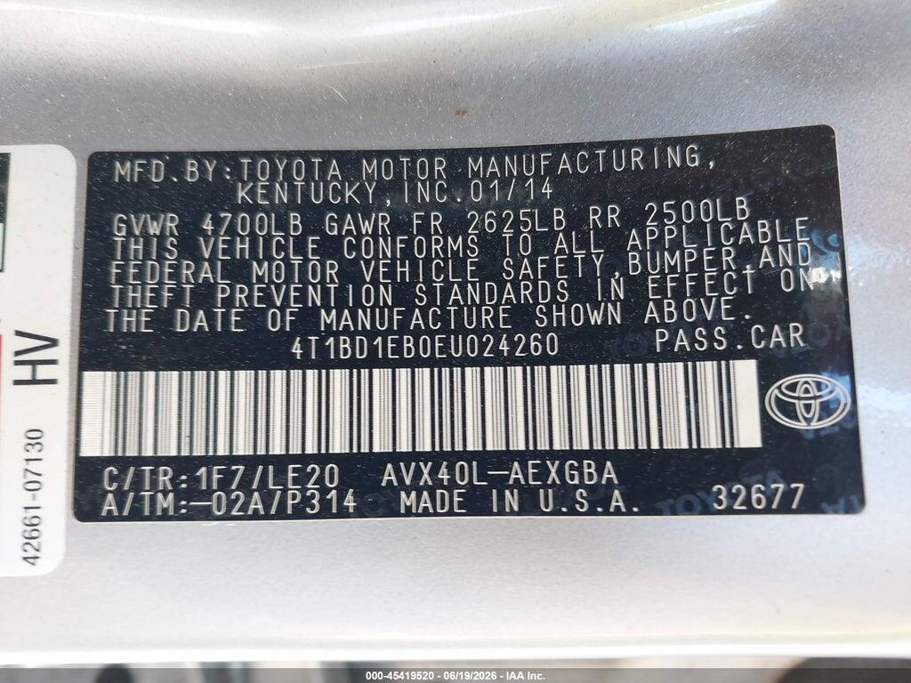 4T1BD1EB0EU024260 2014 TOYOTA AVALON HYBRID photo no. 9