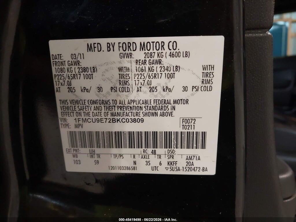 1FMCU9E72BKC03809 2011 FORD ESCAPE photo no. 9