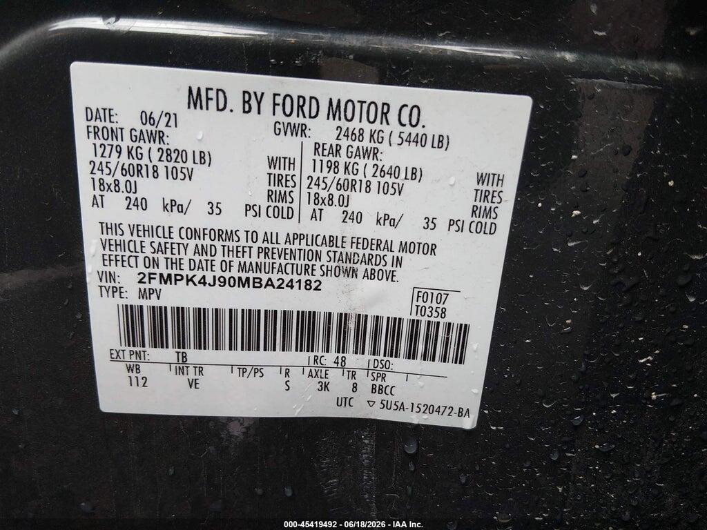 2FMPK4J90MBA24182 2021 FORD EDGE photo no. 9