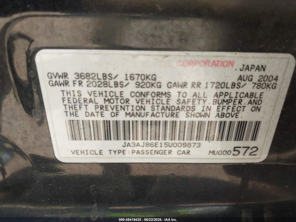 JA3AJ86E15U009873 2005 MITSUBISHI LANCER photo no. 9