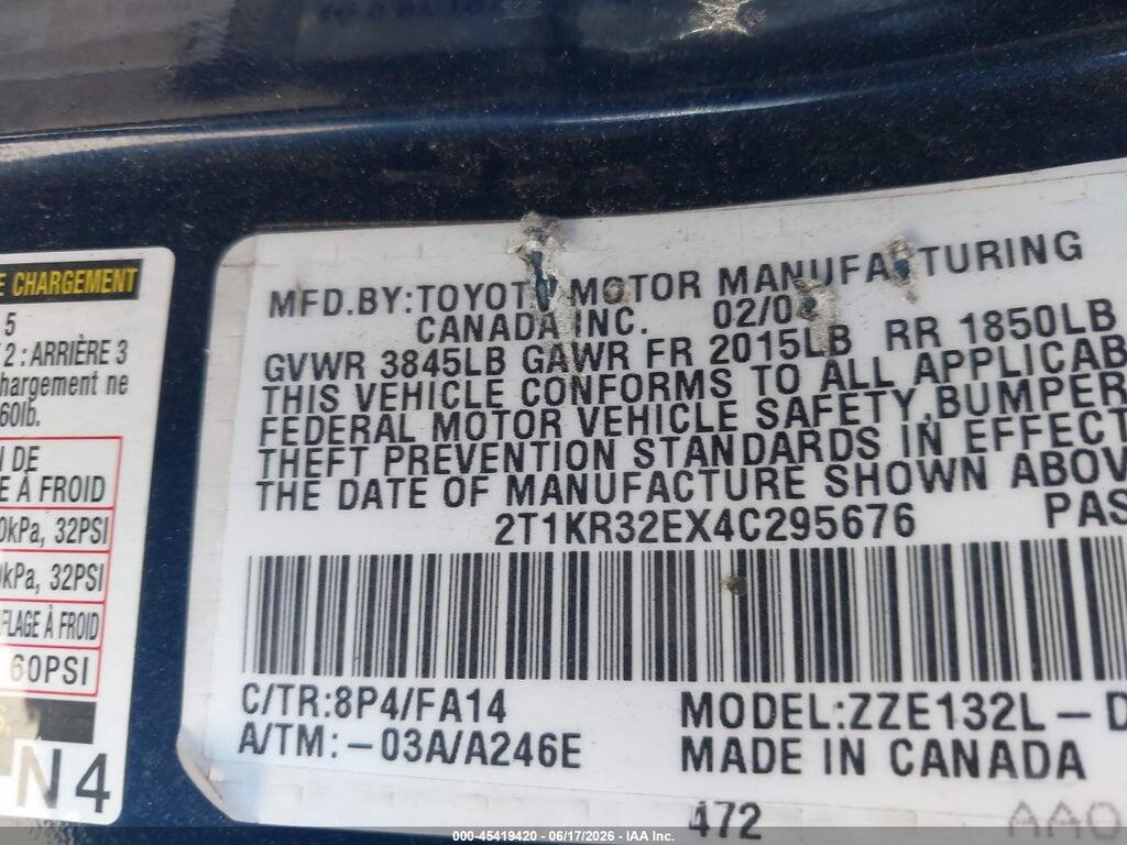 2T1KR32EX4C295676 2004 TOYOTA MATRIX photo no. 9