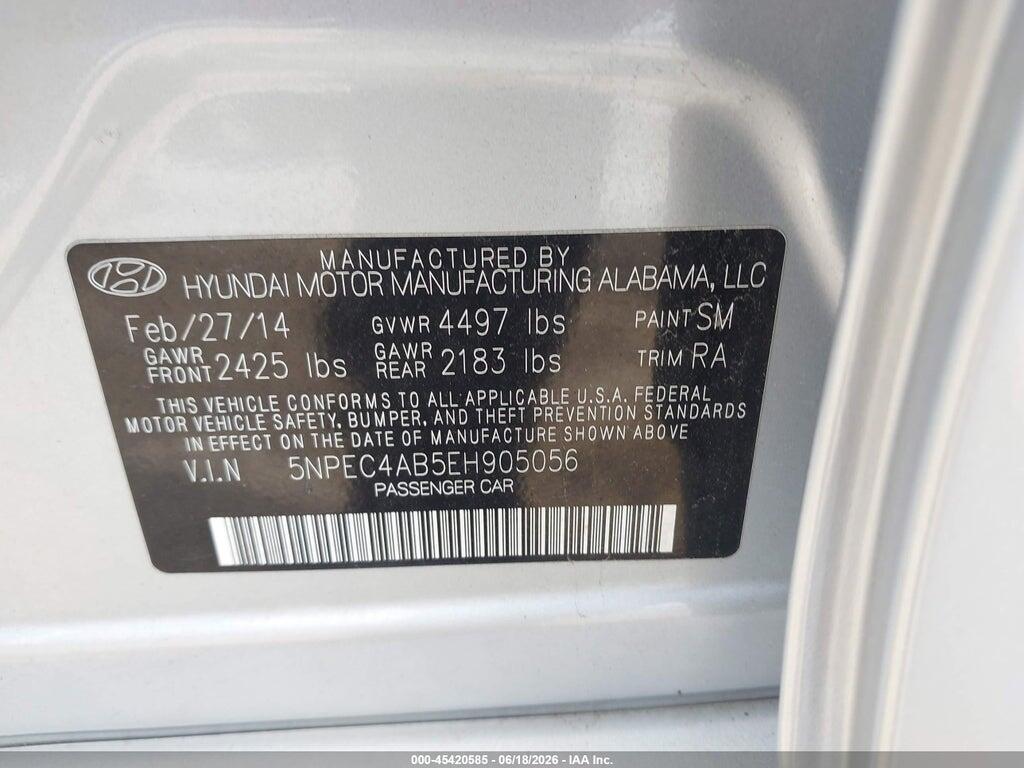 5NPEC4AB5EH905056 2014 HYUNDAI SONATA photo no. 9