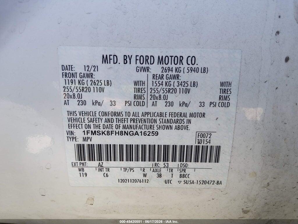 1FMSK8FH8NGA16259 2022 FORD EXPLORER photo no. 9