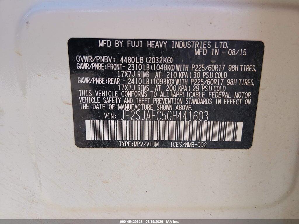 JF2SJAFC5GH441603 2016 SUBARU FORESTER photo no. 9