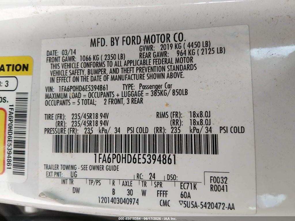1FA6P0HD6E5394861 2014 FORD FUSION photo no. 9