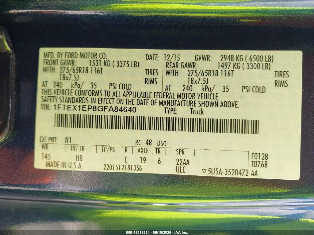 1FTEX1EP8GFA84640 2016 FORD F-150 photo no. 9