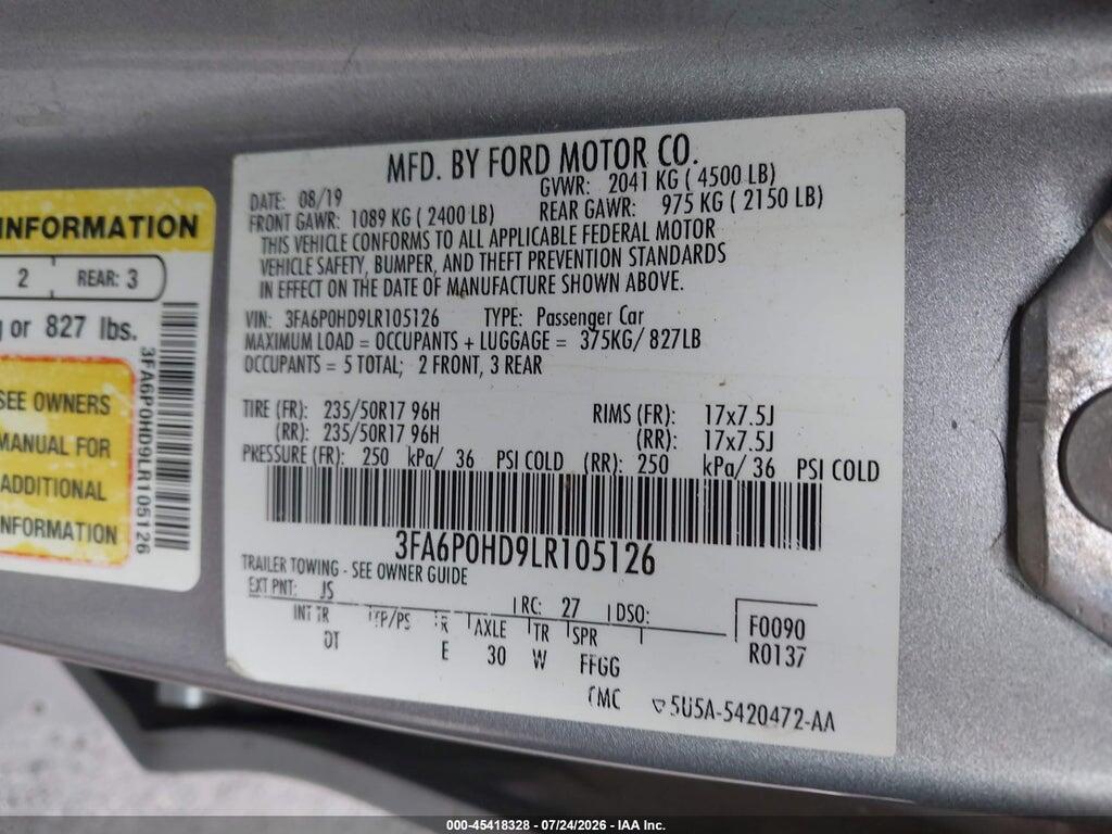 3FA6P0HD9LR105126 2020 FORD FUSION photo no. 9