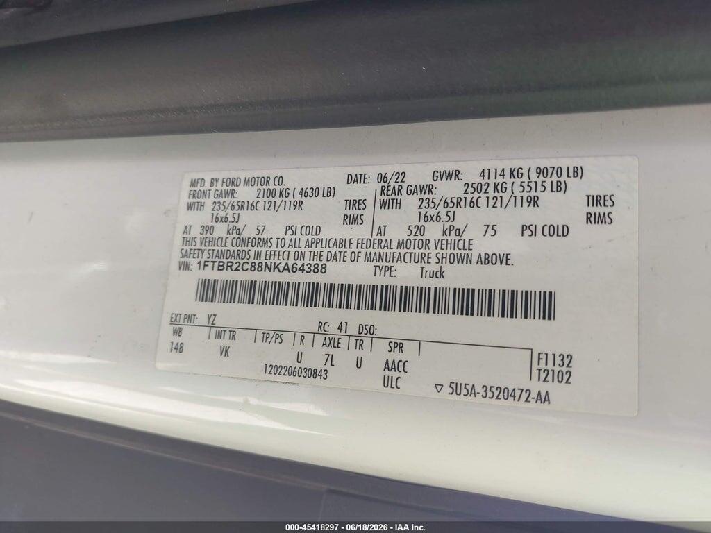1FTBR2C88NKA64388 2022 FORD TRANSIT-250 photo no. 9