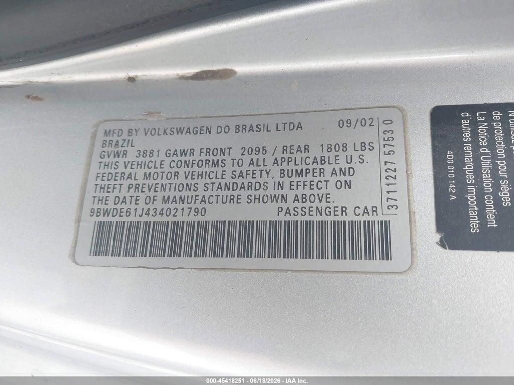 9BWDE61J434021790 2003 VOLKSWAGEN GTI photo no. 9