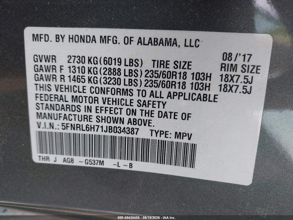 5FNRL6H71JB034387 2018 HONDA ODYSSEY photo no. 9