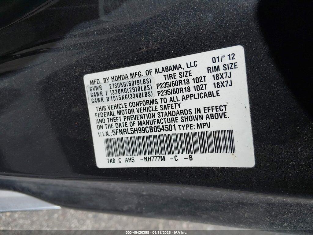 5FNRL5H99CB054501 2012 HONDA ODYSSEY photo no. 9