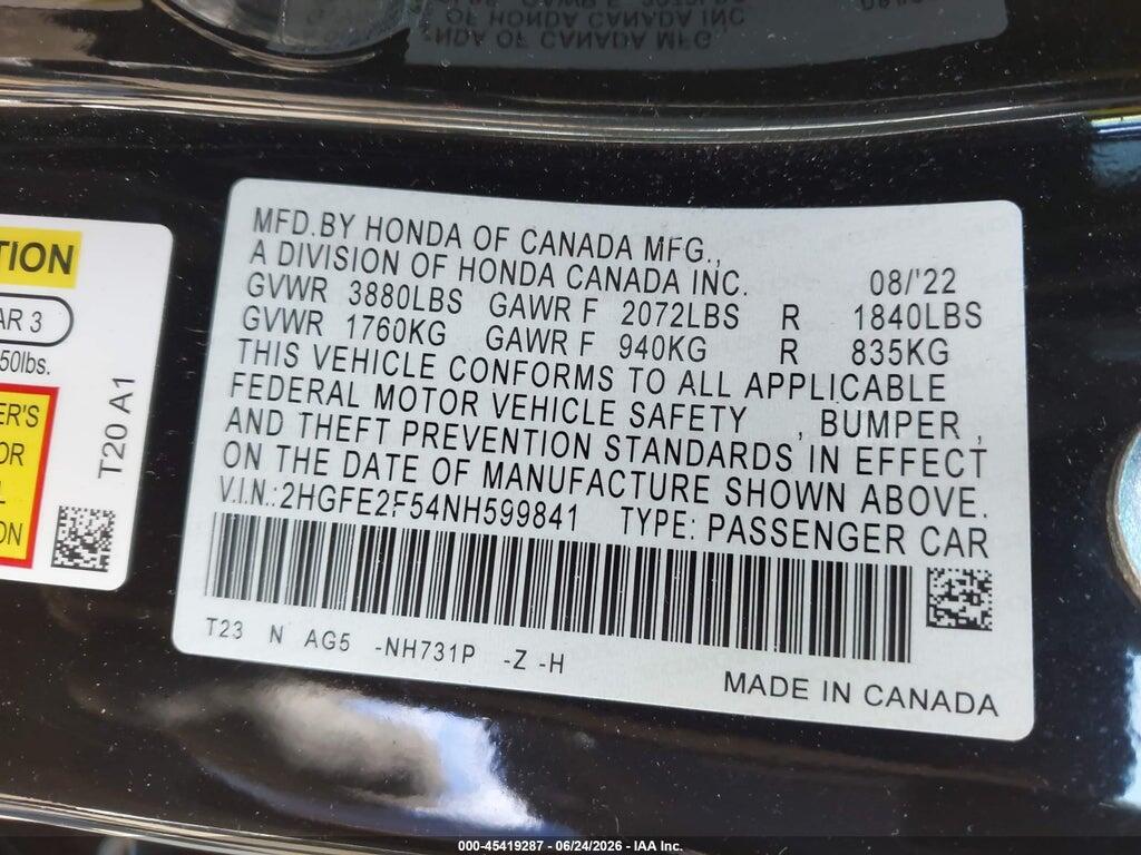 2HGFE2F54NH599841 2022 HONDA CIVIC photo no. 9