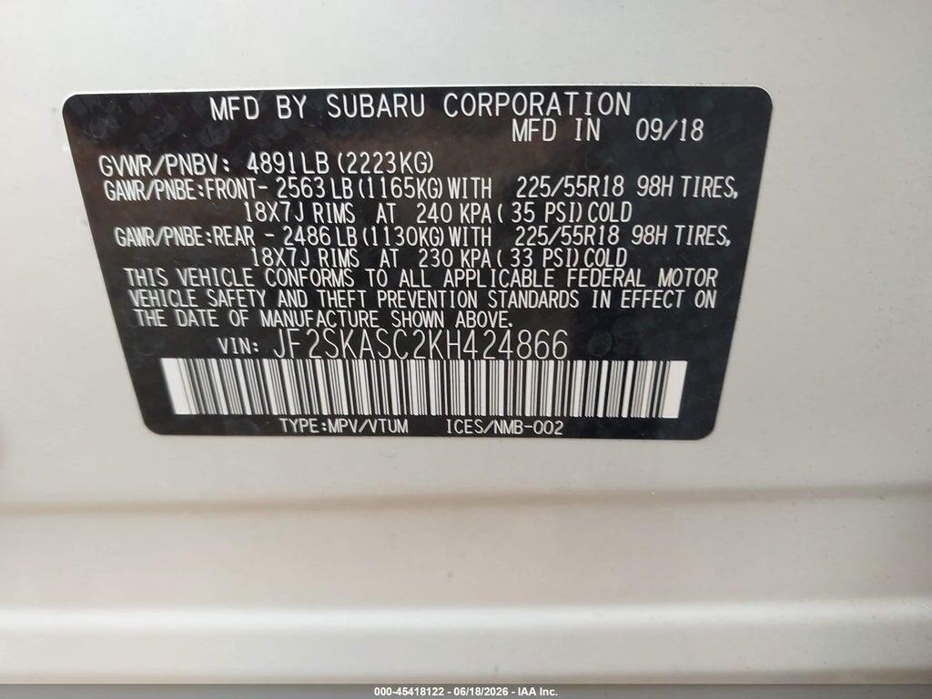 JF2SKASC2KH424866 2019 SUBARU FORESTER photo no. 9