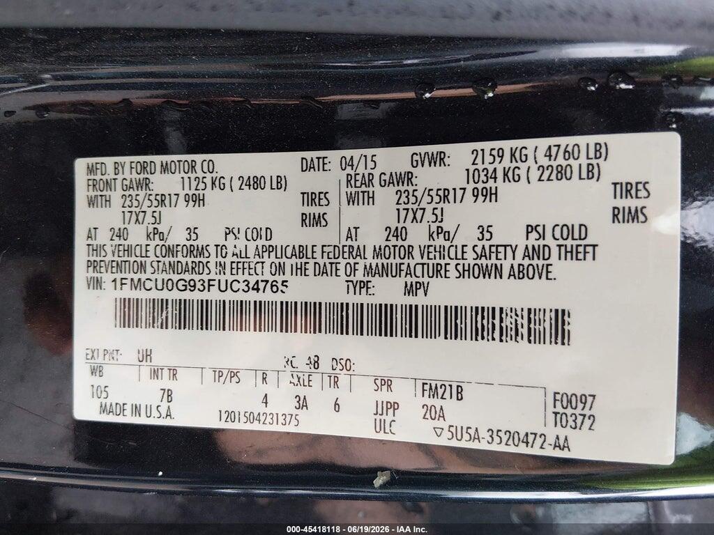 1FMCU0G93FUC34765 2015 FORD ESCAPE photo no. 9