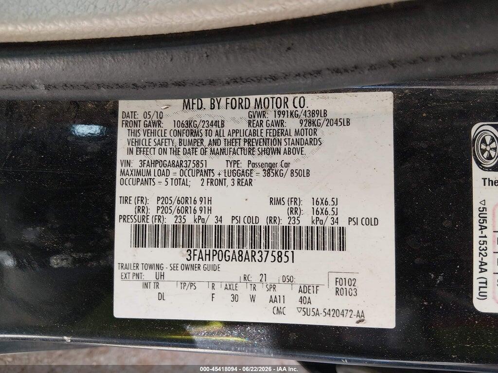 3FAHP0GA8AR375851 2010 FORD FUSION photo no. 9