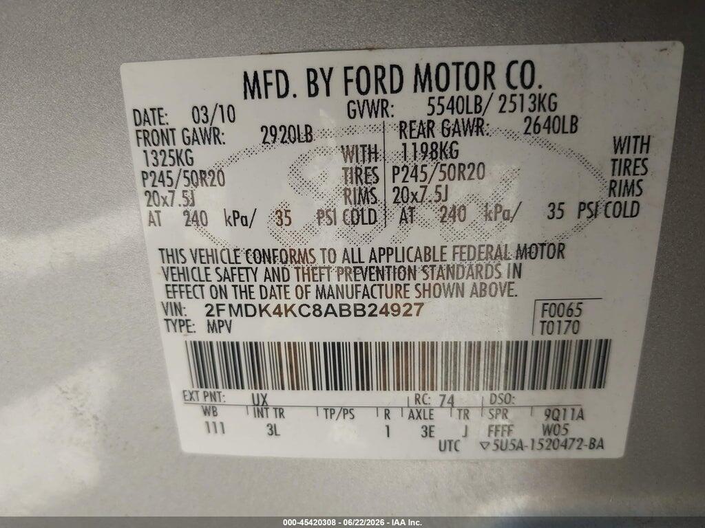 2FMDK4KC8ABB24927 2010 FORD EDGE photo no. 9