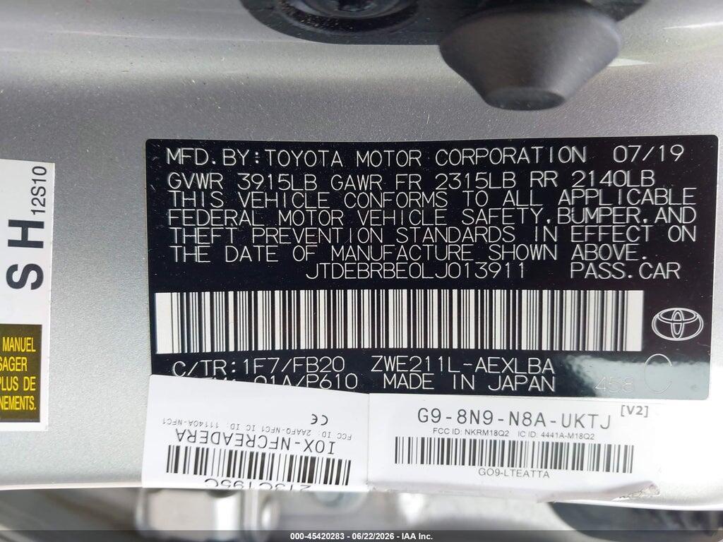 JTDEBRBE0LJ013911 2020 TOYOTA COROLLA photo no. 9