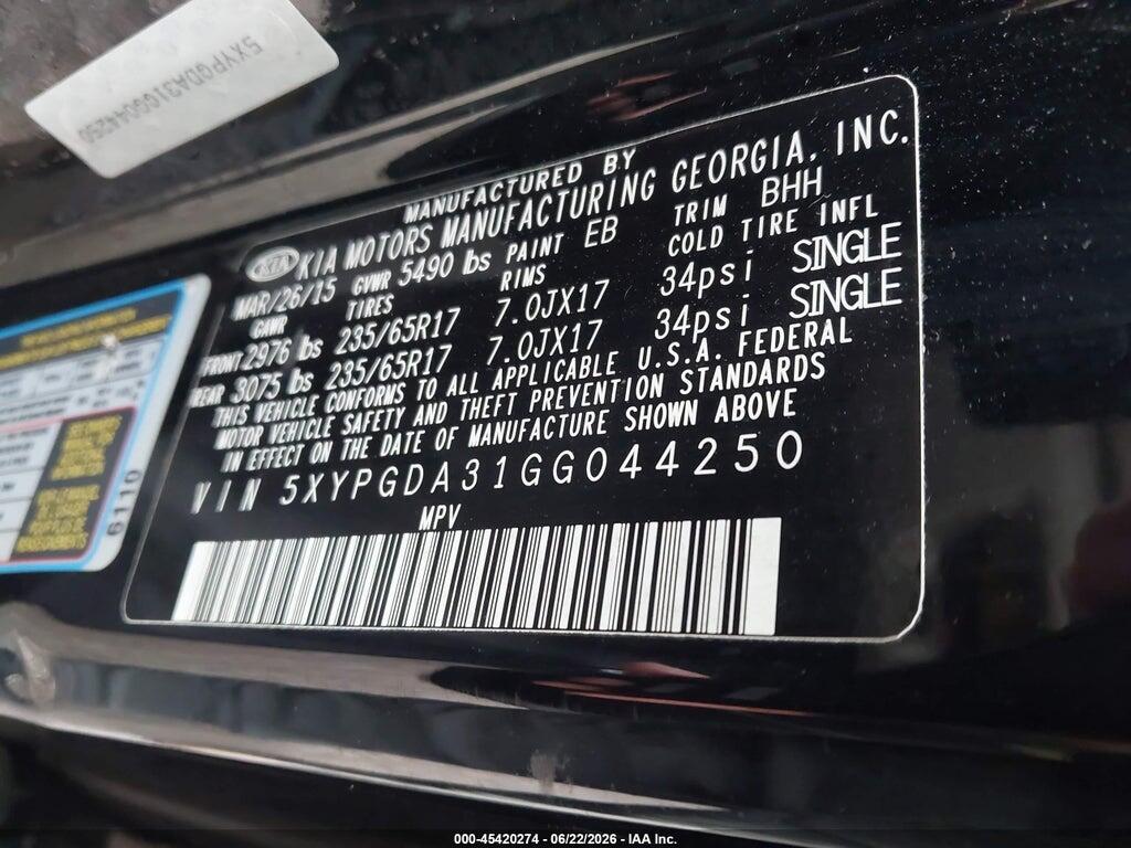 5XYPGDA31GG044250 2016 KIA SORENTO photo no. 9