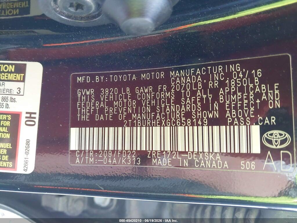 2T1BURHEXGC658149 2016 TOYOTA COROLLA photo no. 9