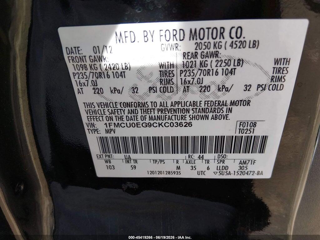 1FMCU0EG9CKC03626 2012 FORD ESCAPE photo no. 9