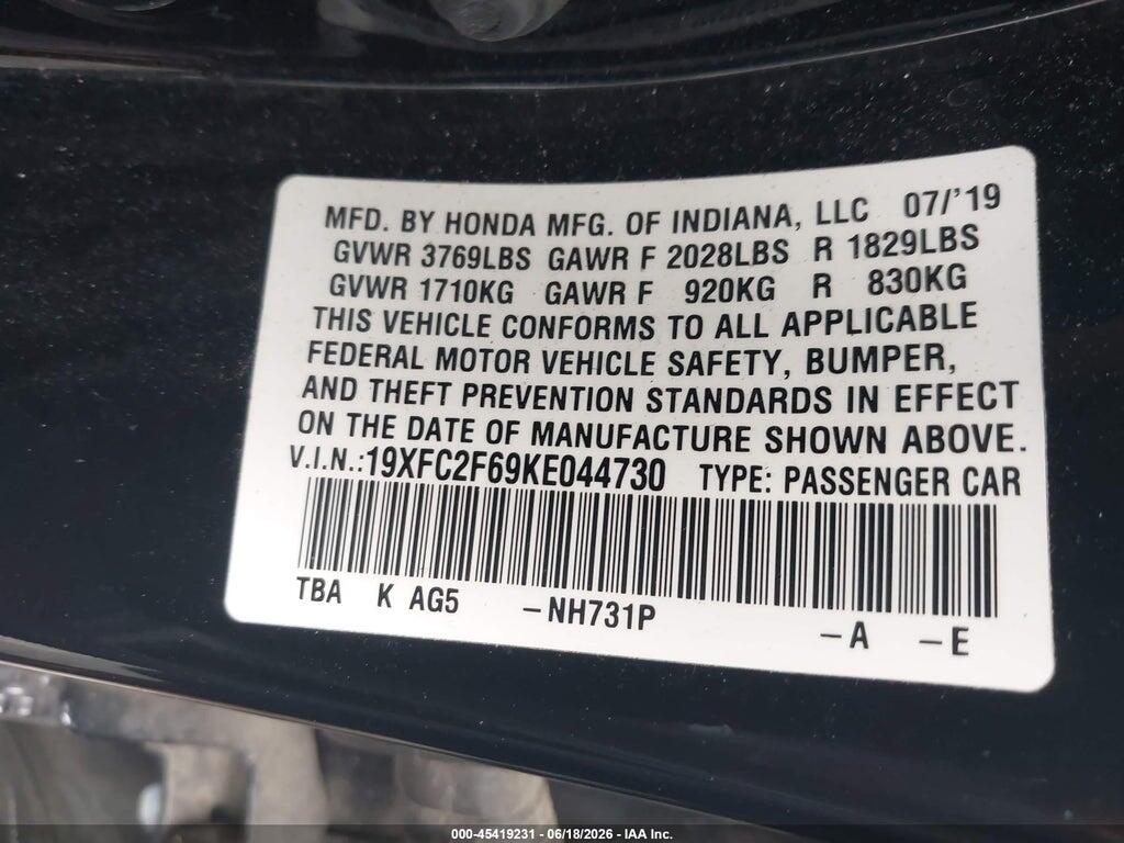 19XFC2F69KE044730 2019 HONDA CIVIC photo no. 9