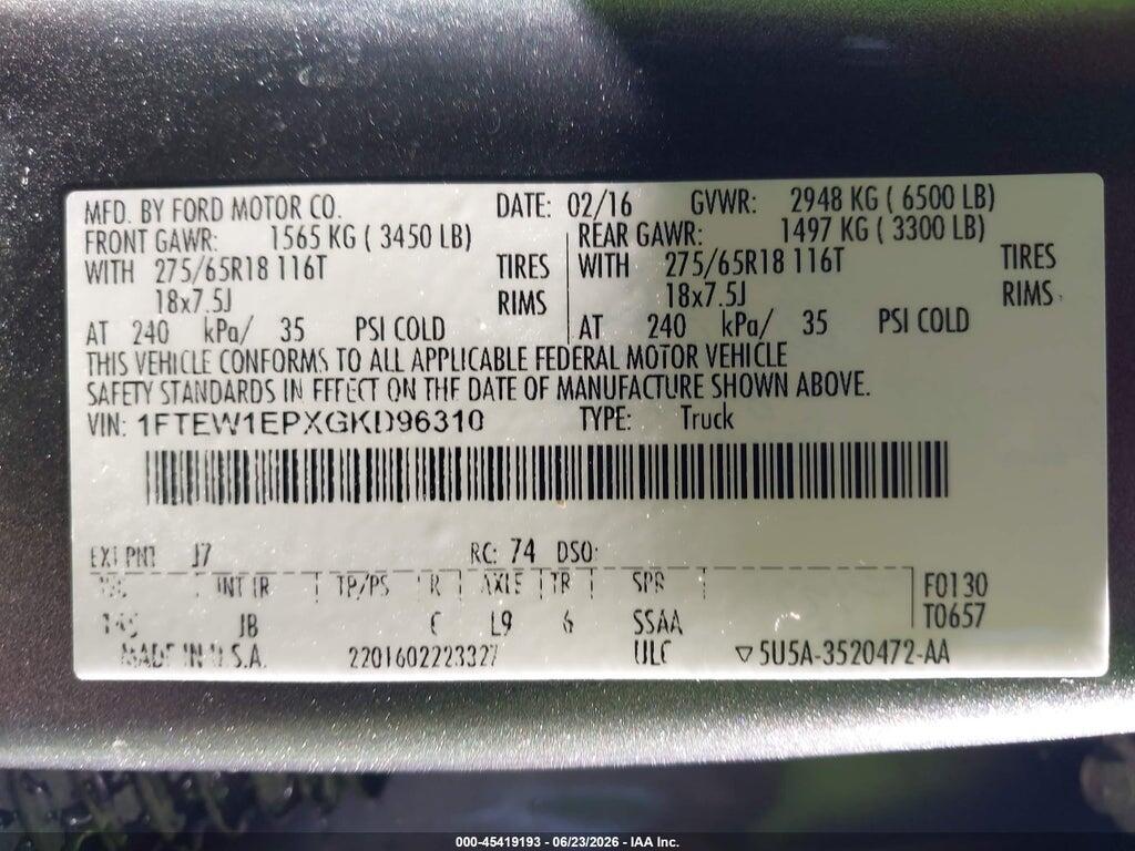 1FTEW1EPXGKD96310 2016 FORD F-150 photo no. 9